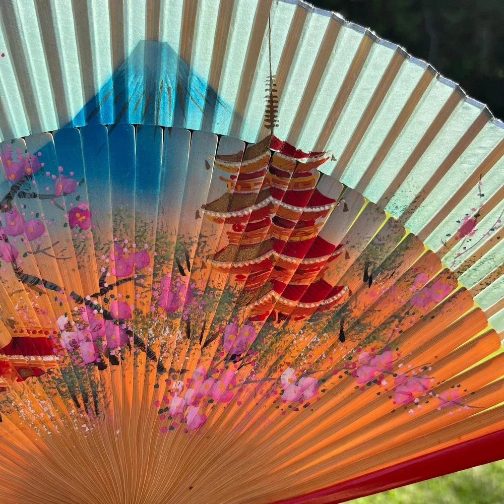 Vintage Hand-Painted Japanese Hand-Held Folding Wood Fan